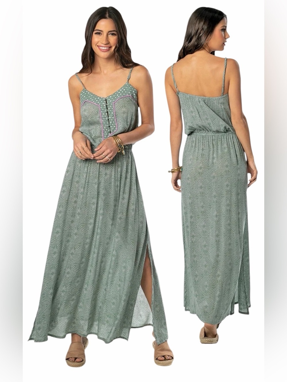 Khush Boho Sage Green Geometric Polka Dot Maxi Dress S